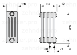 Схема (чертеж) Радиатор Zehnder Charleston 4060/4 №5510 Белый глянцевый RAL 9016